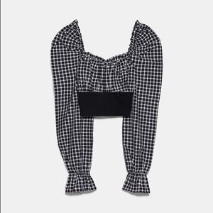 Zara Gingham Cropped Peasant Top